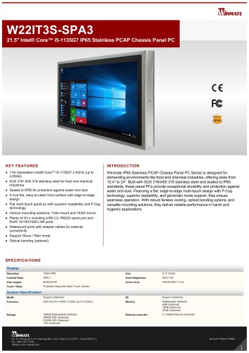 21.5" Intel® Core™ i5-1135G7 IP65 Stainless PCAP Chassis Panel PC W22IT3S-SPA3