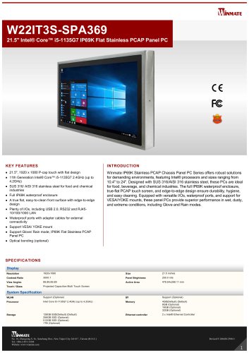 21.5" Intel® Core™ i5-1135G7 IP69K Flat Stainless PCAP Panel PC W22IT3S-SPA369