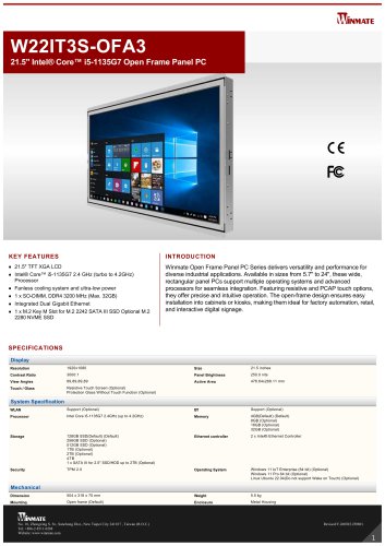 21.5" Intel® Core™ i5-1135G7 Open Frame Panel PC W22IT3S-OFA3