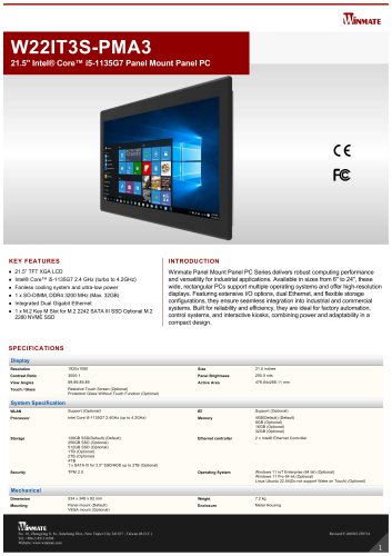 21.5" Intel® Core™ i5-1135G7 Panel Mount Panel PC W22IT3S-PMA3