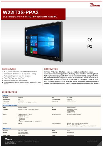 21.5" Intel® Core™ i5-1135G7 PP Series HMI Panel PC W22IT3S-PPA3