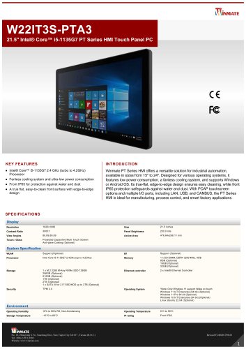 21.5" Intel® Core™ i5-1135G7 PT Series HMI Touch Panel PC W22IT3S-PTA3