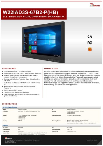 21.5” Intel® Core™ i5-1235U G-WIN Full IP67 P-CAP Panel PC W22IAD3S-67B2-P(HB)