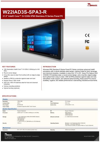 21.5" Intel® Core™ i5-1235U IP65 Stainless R Series Panel PC W22IAD3S-SPA3-R