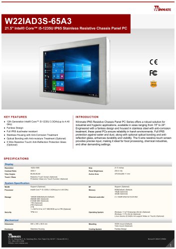 21.5" Intel® Core™ i5-1235U IP65 Stainless Resistive Chassis Panel PC W22IAD3S-65A3