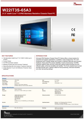 21.5" Intel® Core™ i5 IP65 Stainless Resistive Chassis Panel PC W22IT3S-65A3