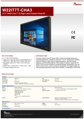 21.5” Intel® Core™ i5 (Tiger Lake) Chassis Panel PC W22IT7T-CHA3