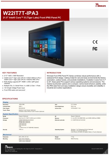 21.5" Intel® Core™ i5 (Tiger Lake) Front IP65 Panel PC W22IT7T-IPA3