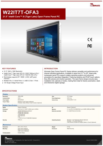 21.5” Intel® Core™ i5 (Tiger Lake) Open Frame Panel PC W22IT7T-OFA3