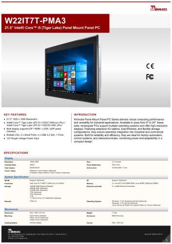 21.5” Intel® Core™ i5 (Tiger Lake) Panel Mount Panel PC W22IT7T-PMA3