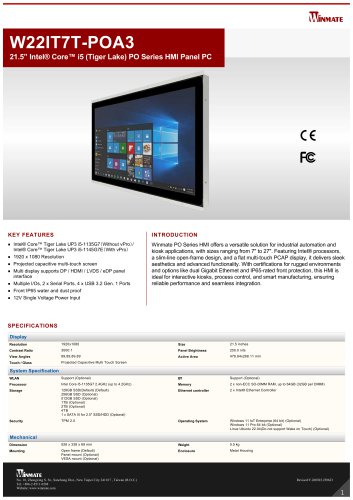 21.5” Intel® Core™ i5 (Tiger Lake) PO Series HMI Panel PC W22IT7T-POA3