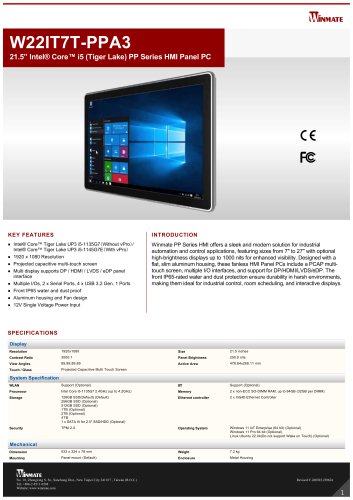 21.5” Intel® Core™ i5 (Tiger Lake) PP Series HMI Panel PC W22IT7T-PPA3