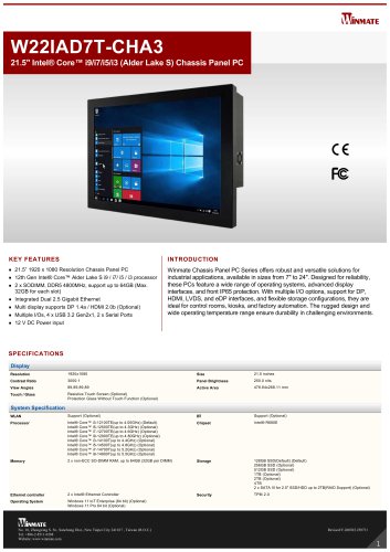 21.5" Intel® Core™ i9/i7/i5/i3 (Alder Lake S) Chassis Panel PC W22IAD7T-CHA3