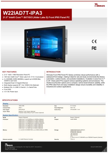 21.5" Intel® Core™ i9/i7/i5/i3 (Alder Lake S) Front IP65 Panel PC W22IAD7T-IPA3