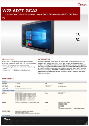 21.5" Intel® Core™ i9 / i7/ i5 / i3 (Alder Lake S) G-WIN GC Series Front IP65 PCAP Panel PC W22IAD7T-GCA3 