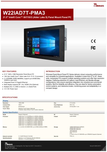 21.5" Intel® Core™ i9/i7/i5/i3 (Alder Lake S) Panel Mount Panel PC W22IAD7T-PMA3