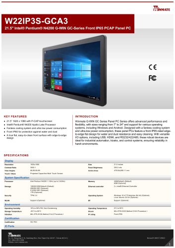 21.5" Intel® Pentium® N4200 G-WIN GC-Series Front IP65 PCAP Panel PC W22IP3S-GCA3