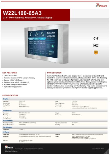 21.5" IP65 Stainless Resistive Chassis Display W22L100-65A3