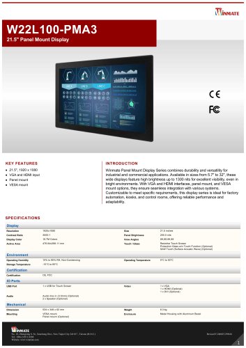 21.5" Panel Mount Display W22L100-PMA3