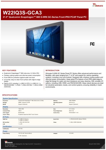 21.5" Qualcomm Snapdragon™ 660 G-WIN GC-Series Front IP65 PCAP Panel PC W22IQ3S-GCA3