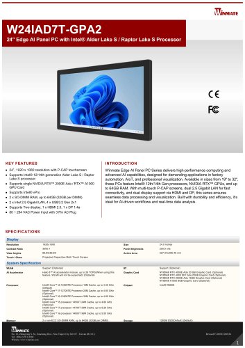 24" Edge AI Panel PC with Intel® Alder Lake S / Raptor Lake S Processor W24IAD7T-GPA2