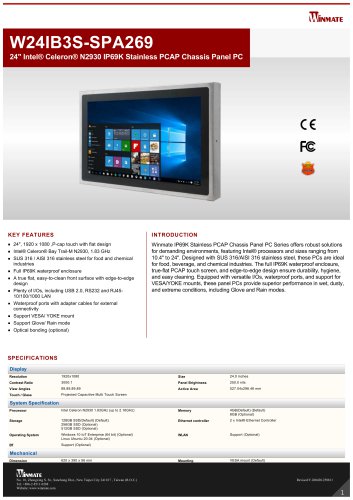24" Intel® Celeron® N2930 IP69K Stainless PCAP Chassis Panel PC W24IB3S-SPA269