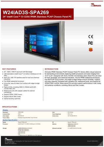 24" Intel® Core™ i5-1235U IP69K Stainless PCAP Chassis Panel PC W24IAD3S-SPA269