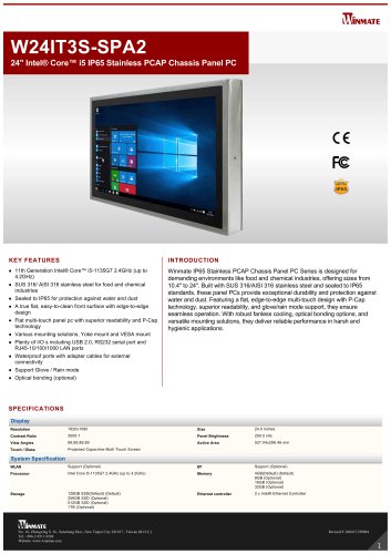 24" Intel® Core™ i5 IP65 Stainless PCAP Chassis Panel PC W24IT3S-SPA2