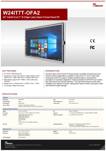 24” Intel® Core™ i5 (Tiger Lake) Open Frame Panel PC W24IT7T-OFA2