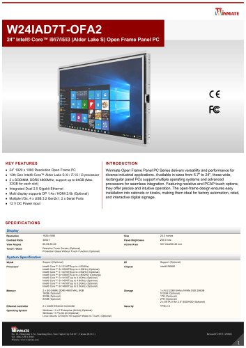 24" Intel® Core™ i9/i7/i5/i3 (Alder Lake S) Open Frame Panel PC W24IAD7T-OFA2