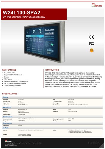 24" IP65 Stainless PCAP Chassis Display W24L100-SPA2