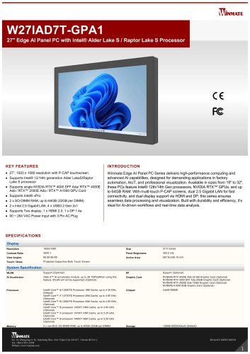 27" Edge AI Panel PC with Intel® Alder Lake S / Raptor Lake S Processor W27IAD7T-GPA1