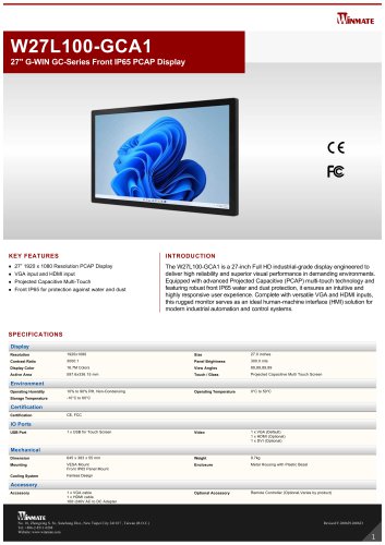 27" G-WIN GC-Series Front IP65 PCAP Display W27L100-GCA1