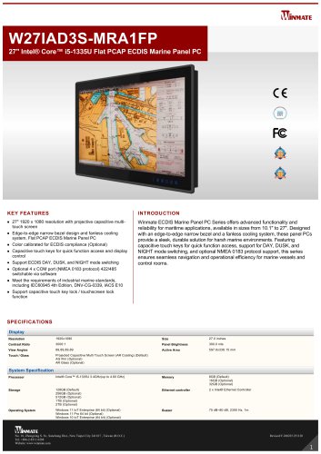 27" Intel® Core™ i51335U Flat PCAP ECDIS Marine Panel PC W27IAD3SMRA1FP