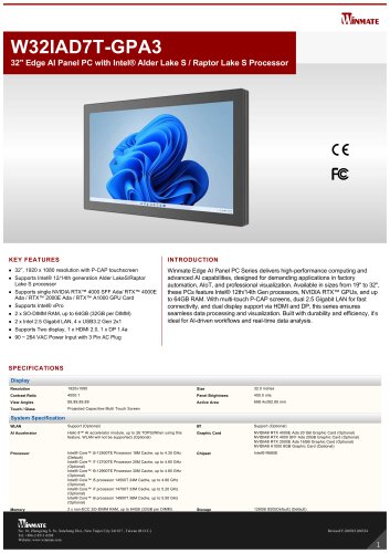 32" Edge AI Panel PC with Intel® Alder Lake S / Raptor Lake S Processor W32IAD7T-GPA3
