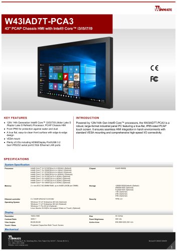 43" PCAP Chassis HMI with Intel® Core™ i3/i5/i7/i9 W43IAD7T-PCA3