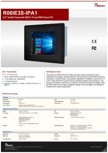 6.5" Intel® Celeron® N6211 Front IP65 Panel PC R06IE3S-IPA1