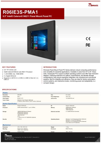 6.5" Intel® Celeron® N6211 Panel Mount Panel PC R06IE3S-PMA1