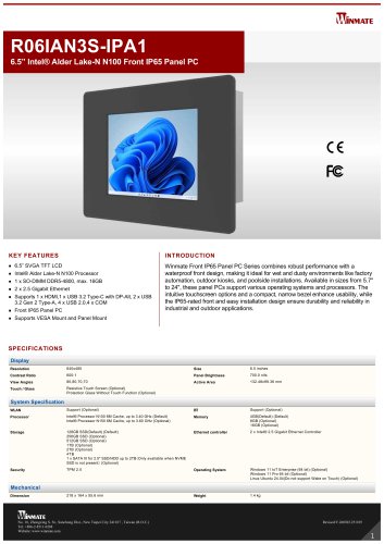 6.5” Intel® Twin Lake N150 Front IP65 Panel PC R06IAN3S-IPA1