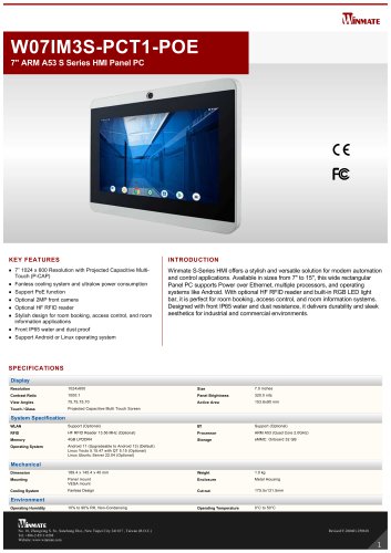 7" ARM A53 S Series HMI Panel PC W07IM3S-PCT1-POE
