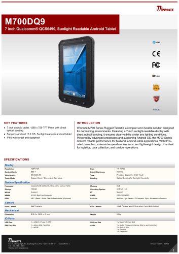 7 inch Qualcomm® QCS6490, Sunlight Readable Android Tablet M700DQ9