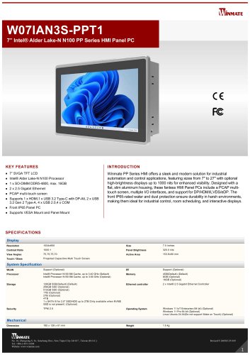 7” Intel® Alder Lake-N N150 PP Series HMI Panel PC W07IAN3S-PPT1
