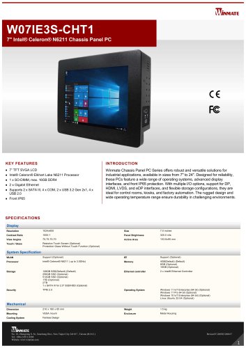 7" Intel® Celeron® N6211 Chassis Panel PC W07IE3S-CHT1