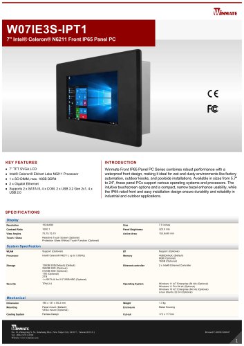 7" Intel® Celeron® N6211 Front IP65 Panel PC W07IE3S-IPT1