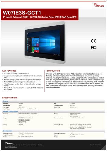 7" Intel® Celeron® N6211 G-WIN GC-Series Front IP65 PCAP Panel PC W07IE3S-GCT1