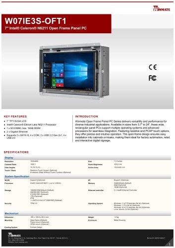 7" Intel® Celeron® N6211 Open Frame Panel PC W07IE3S-OFT1