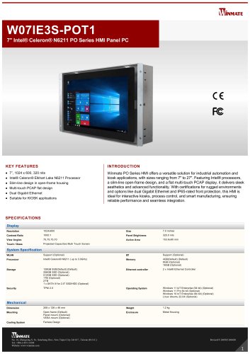 7" Intel® Celeron® N6211 PO Series HMI Panel PC W07IE3S-POT1