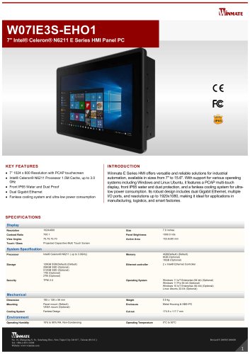 7" Intel&reg; Celeron&reg; N6211 E Series HMI Panel PC W07IE3S-EHO1