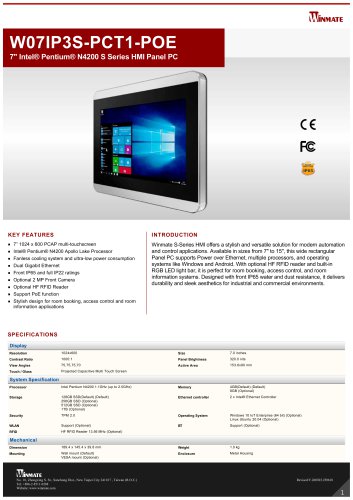 7" Intel® Pentium® N4200 S Series HMI Panel PC W07IP3S-PCT1-POE