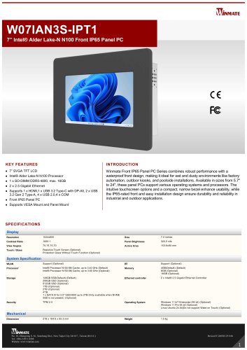 7” Intel® Twin Lake N150 Front IP65 Panel PC W07IAN3S-IPT1